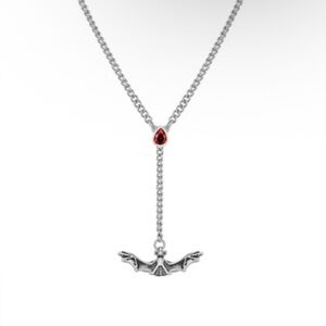 Silver Bat Pendant Necklace with Red Gemstone
